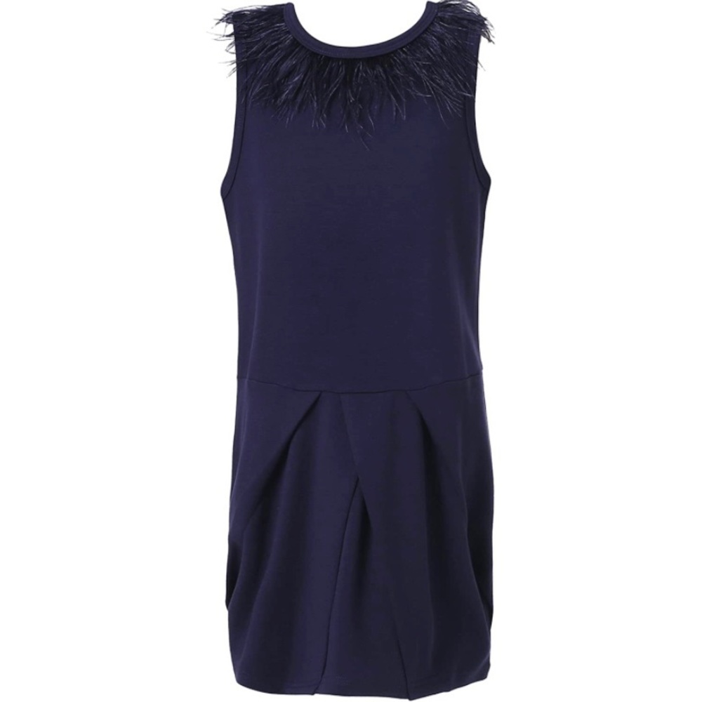 Richie House Girl Dress Size 4-5 Sleeveless Feather-Neckline Solid Navy Blue NWT